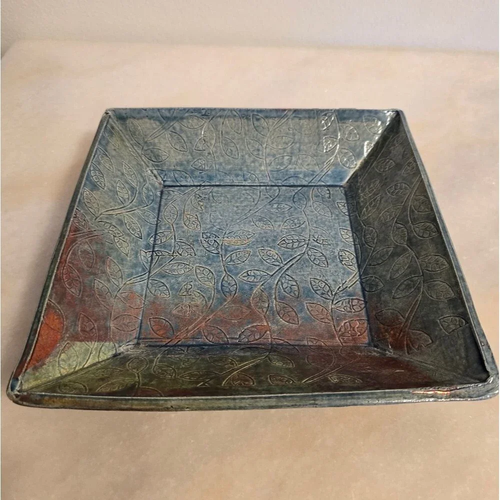 Studio Pottery Glazed Trinket Tray Candy dish Bowl In Blue Floral